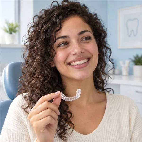 AI illustration of a smiling woman holding a clear aligner
