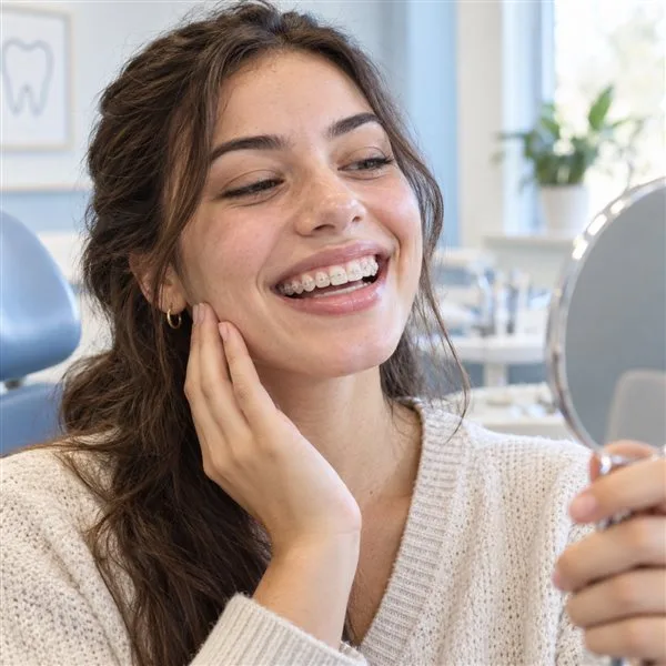 AI illustration of a woman smiling at her clear braces in a mirror