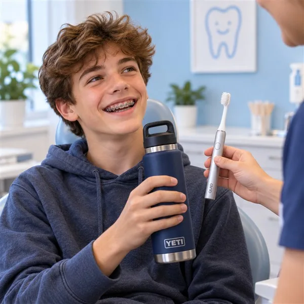 AI illustration showing a Quip toothbrush and an 18 oz YETI bottle with Chug Cap as welcome gift options